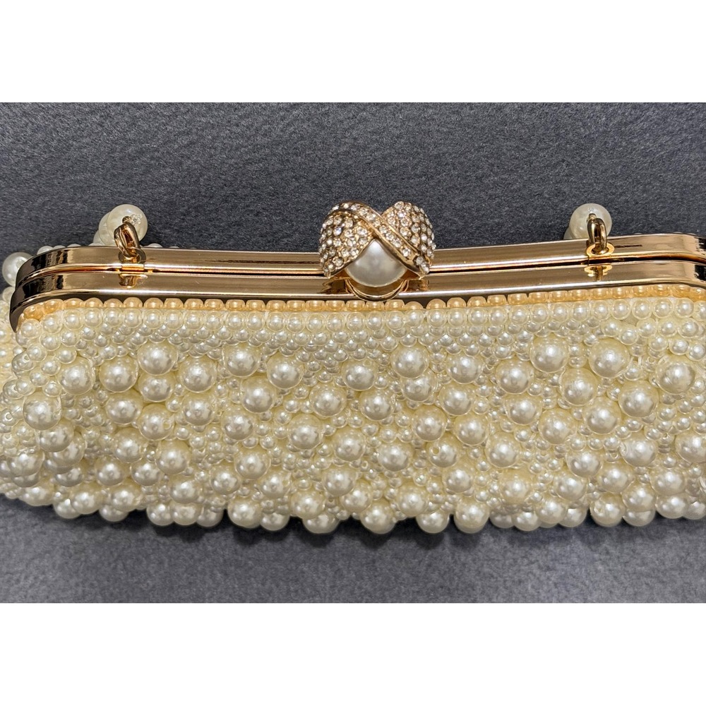 Faux Pearl Beaded Evening Clutch Bag Cream White Gold Frame Wedding Bridal Purse - Picture 4 of 8